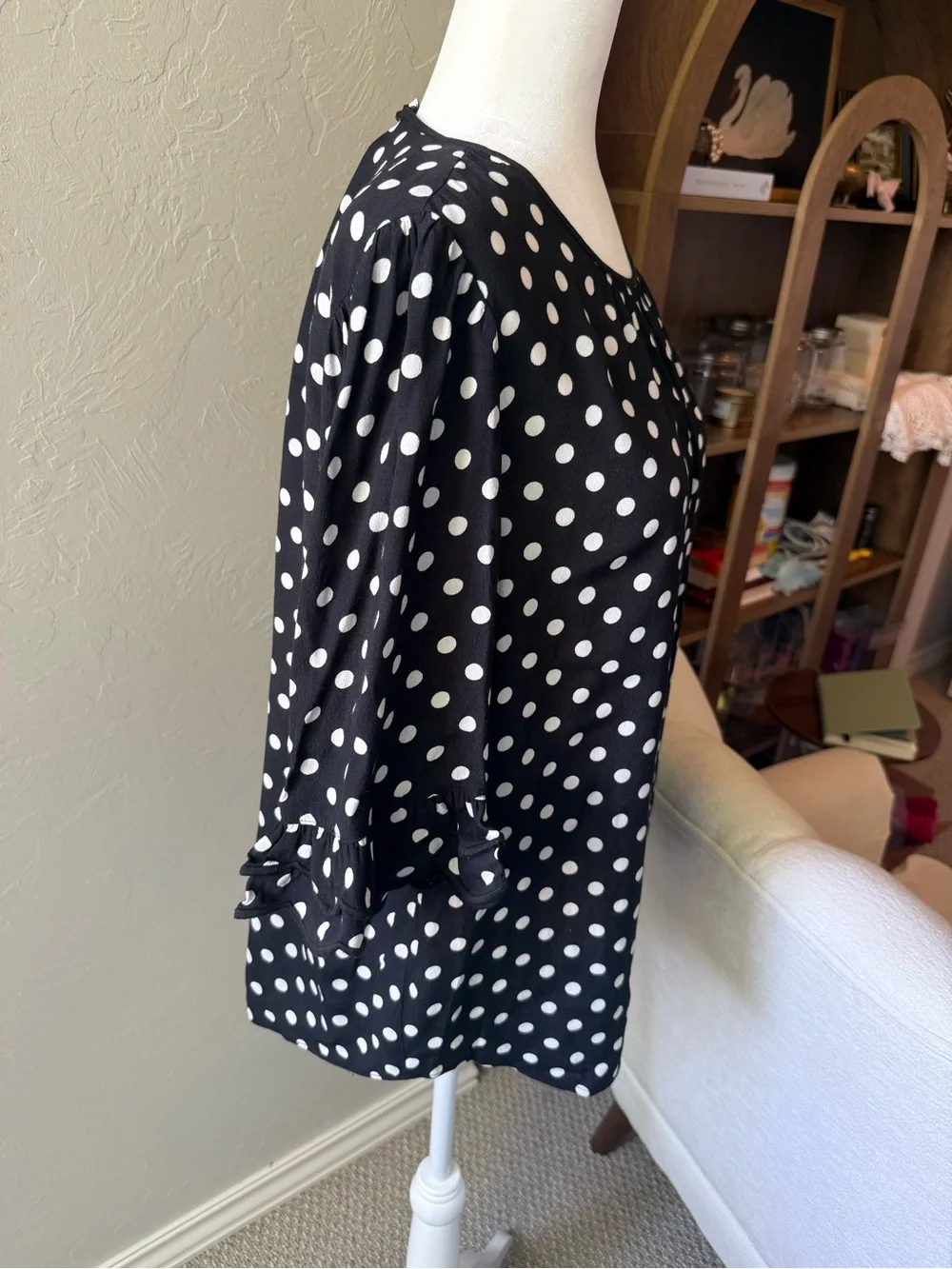Kate Spade Black White Polka Dot Blouse Top 3/4 Sleeve M